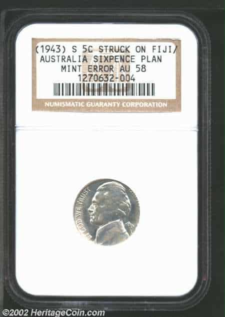 1943 Nickel Struck on Australian Six-Pence Planchet