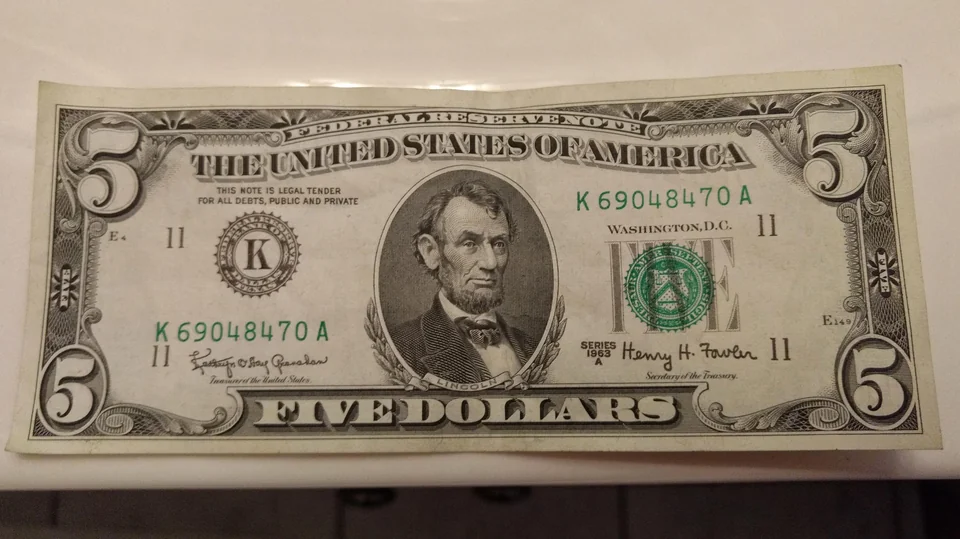 1963 A $5 Bill Value with Green Seal