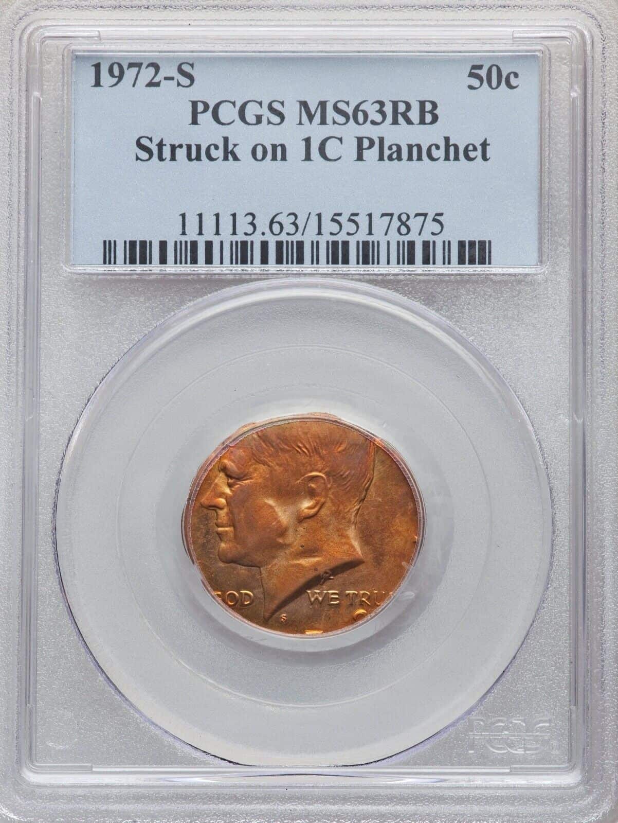 1972 Half Dollar Struck on a Penny Planchet Error