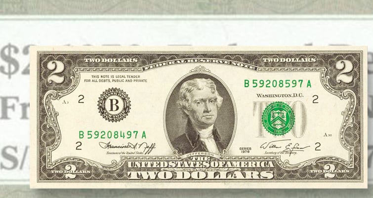 1976 $2 Bill Double Serial Number Error