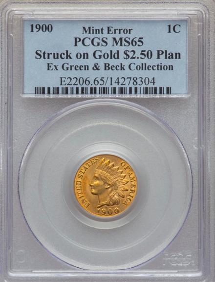 1900 Indian Head Penny Gold Planchet Error