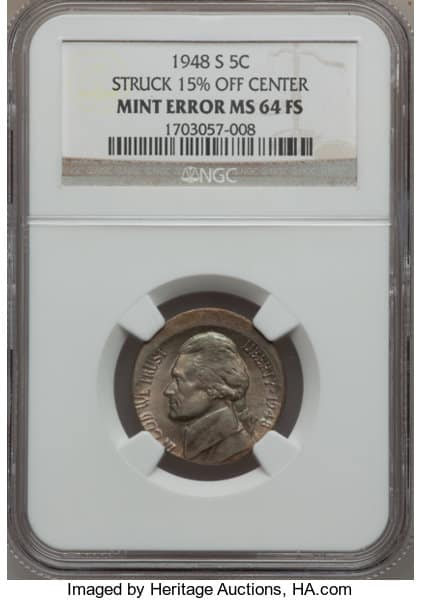 1948 "S" Nickel - Struck Off Center 15% Error Coin