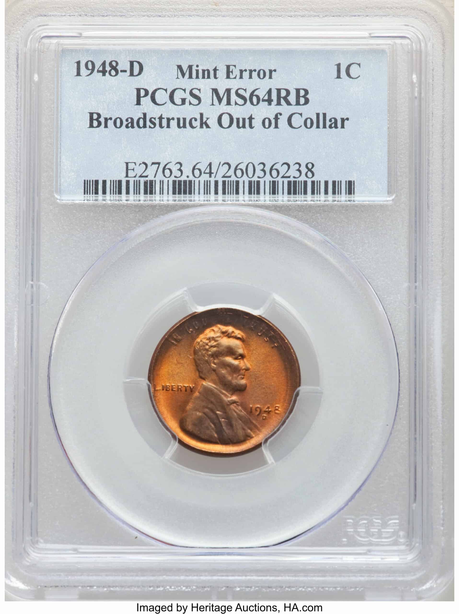 1948 Wheat Penny Broadstruck Out of Collar Error