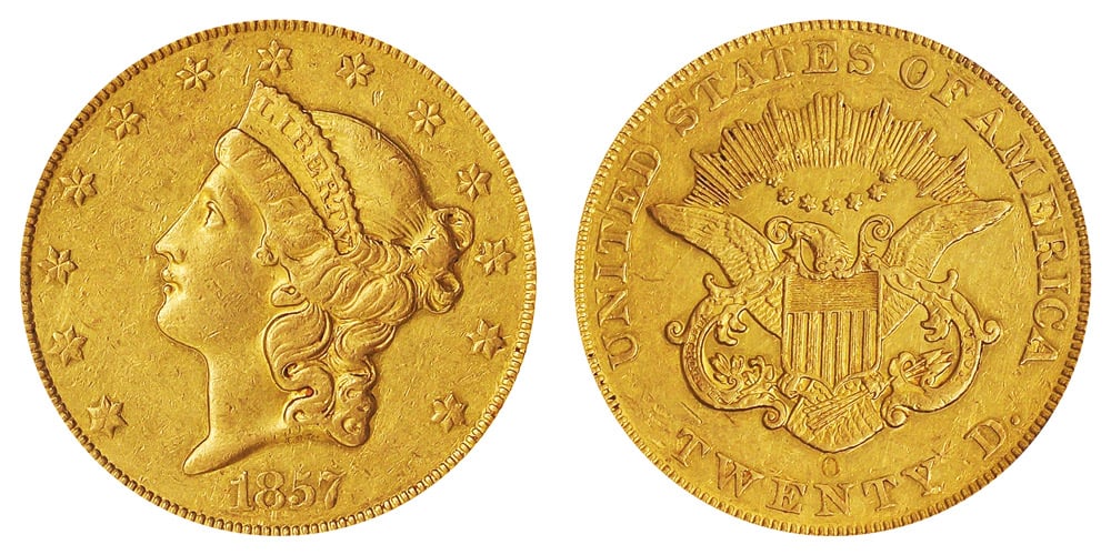 Liberty No Motto "TWENTY D." $20 Gold Coin (1850-1866)