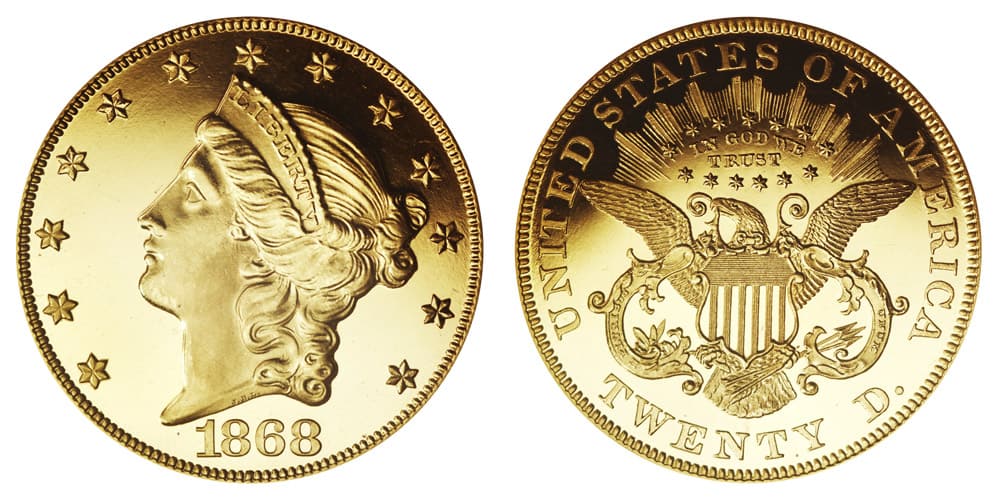 Liberty With Motto "TWENTY D." 20 Dollar Gold Coin (1866-1877)