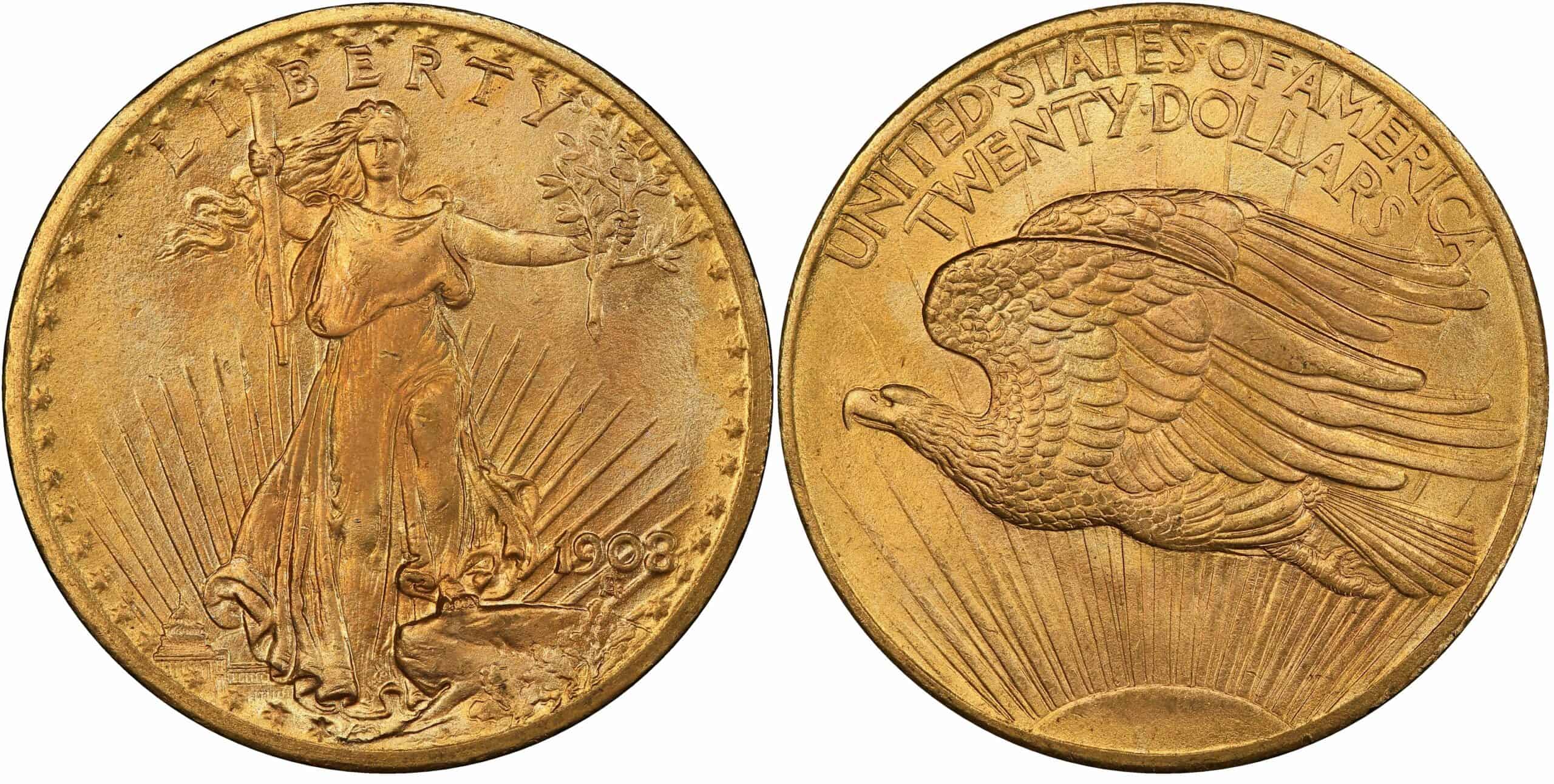 Saint Gaudens No Motto 20 Dollar Gold Coin (1907-1908)